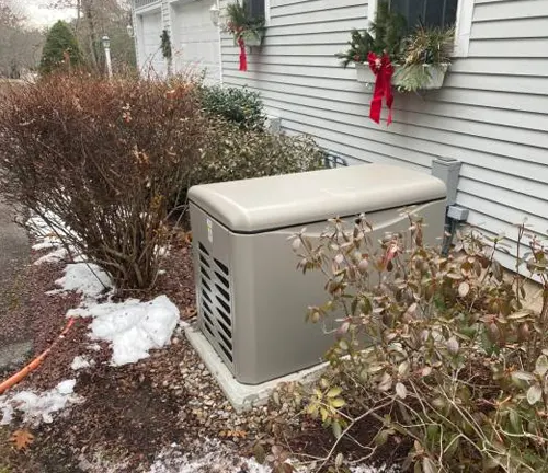 A large home generator placed next to bushes outside a house during winter.