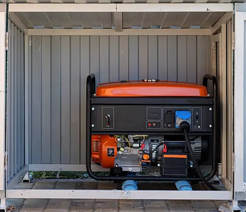 An orange generator stored inside a protective metal shed on a paved surface.