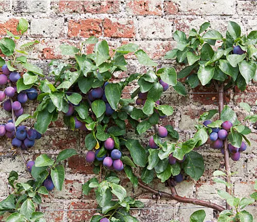 "Plum tree branches filled with ripe purple plums growing against a brick wall background.