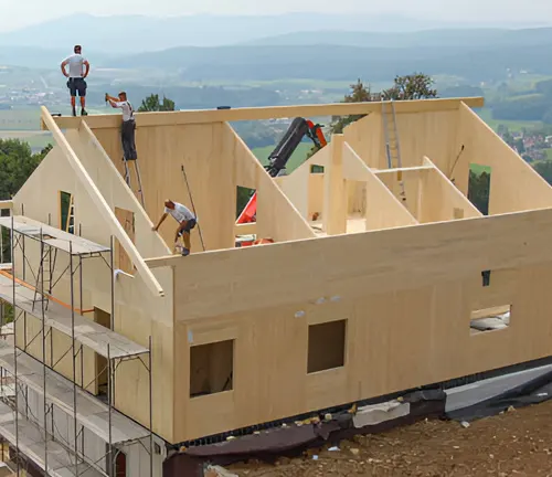 Construction workers assembling the wooden frame of a house on a hillside.