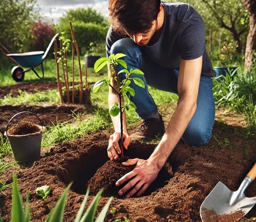 Person planting a young plum tree sapling in a garden with tools nearby.