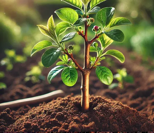 Young plum tree sapling growing in soil, surrounded by a lush garden.