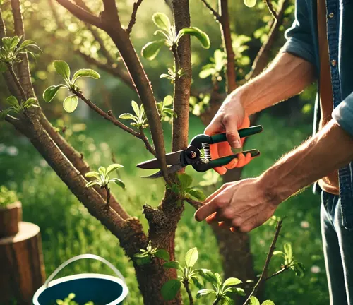 Person pruning a plum tree with garden shears on a sunny day.