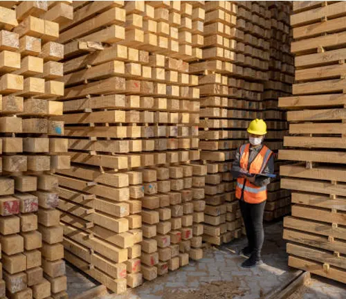 Worker in safety gear inspecting stacks of softwood lumber at a storage facility.