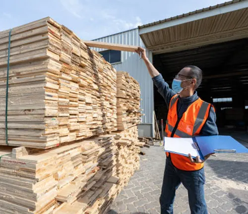 Worker in safety vest inspecting a large stack of softwood lumber outside warehouse.