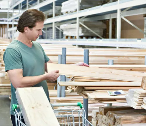 Man inspecting appearance-graded lumber at a hardware store, checking for visual quality and defects.