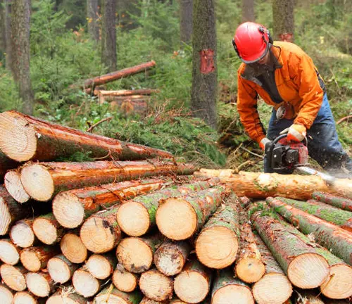 Forester cutting timber while complying with federal and state logging regulations in a forest.