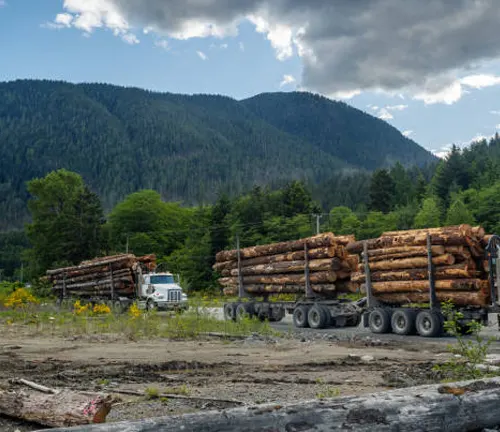 Trucks transporting harvested timber, highlighting the economic aspects of large-scale logging operations.