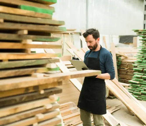 Worker conducting a timber inventory by inspecting and recording the quality of lumber.