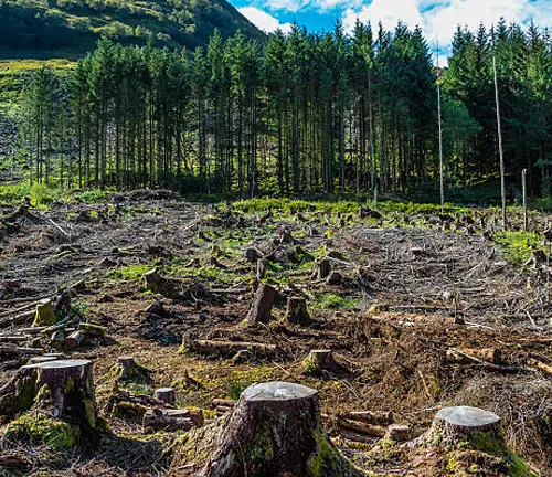 Clearcutting area with tree stumps left behind, adjacent to a standing forest section.