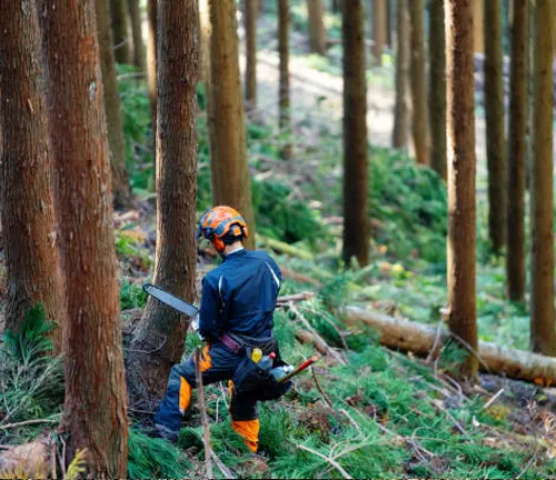 Forester using a chainsaw for selective cutting in a dense, well-maintained forest.