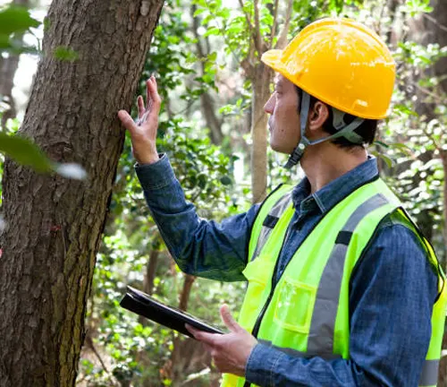 Forester wearing safety gear inspecting a tree for identification and health assessment.