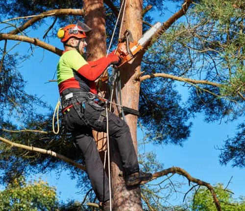 Arborist using a chainsaw to prune a tree while wearing safety gear.