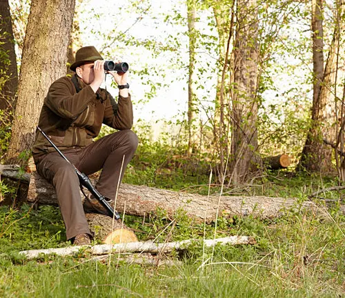 Forest ranger observing wildlife and monitoring forest activities, ensuring forest conservation and public safety.