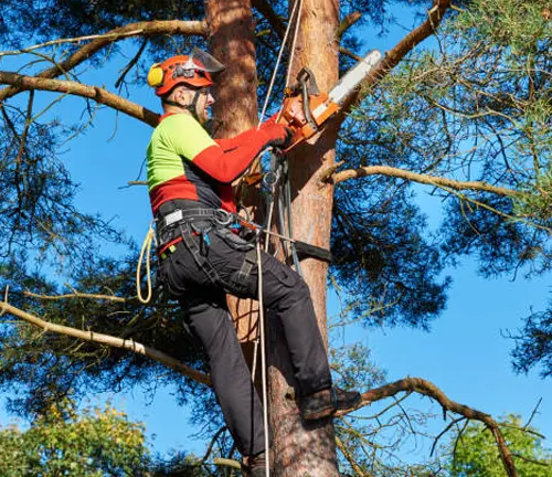 An arborist carefully trims and maintains trees to promote healthy growth and ensure safety.