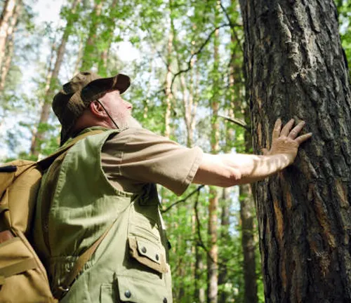 Forest expert examining the quality of timber by assessing tree bark and growth.