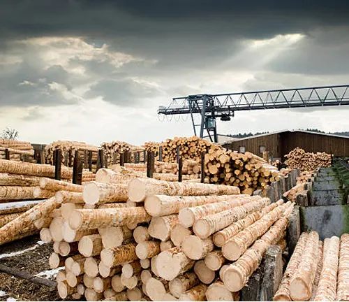 Stacked timber logs at a lumber yard, showcasing forest harvesting and processing.