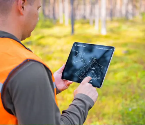 Forestry worker using digital tablet for mapping and forest management in the field.