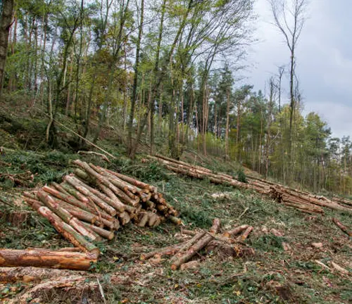 Recently harvested forest with stacked logs, showing timber extraction and land clearing.