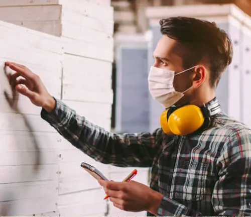 Worker inspecting hardwood planks for defects, focusing on proper hardwood grading techniques.