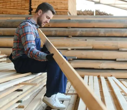 Worker evaluating a wooden plank for visual defects during the appearance grading process.