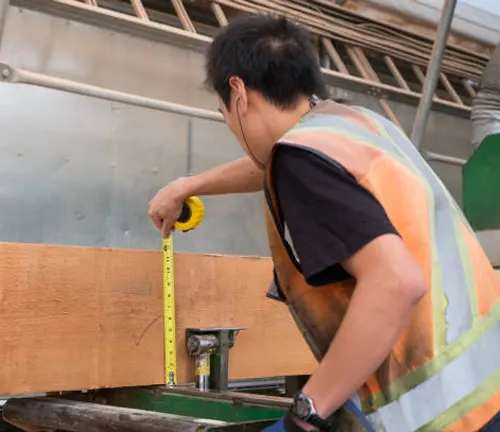 Worker using a tape measure during a visual inspection of lumber dimensions and quality.