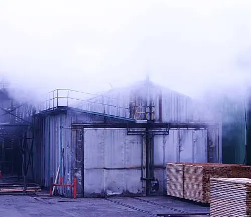 A kiln drying facility emitting steam, used for drying and processing timber efficiently.