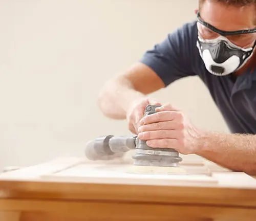 A worker using a sander to apply a smooth surface finish to wood.