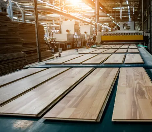 Engineered wood flooring panels on a production line in a manufacturing facility.