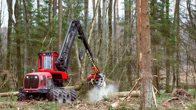 Timber harvesting machine cutting trees efficiently to maximize timber harvest value and productivity.