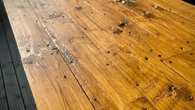 Close-up of timber surface showing common wood defects like knots, cracks, and nail holes.