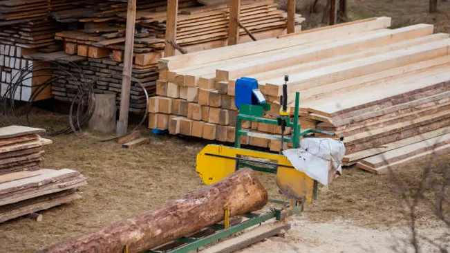 A softwood log being processed at a sawmill, surrounded by stacked lumber.