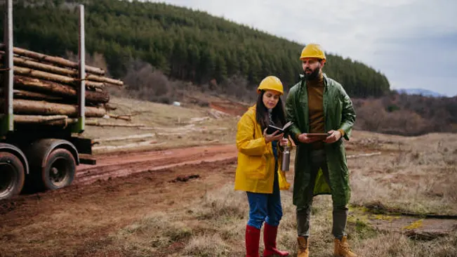 Two foresters reviewing timber harvest plans in a forested area near a logging truck.