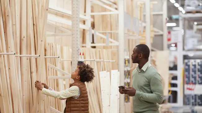 Man and child shopping for timber in a store, browsing various wood options together.