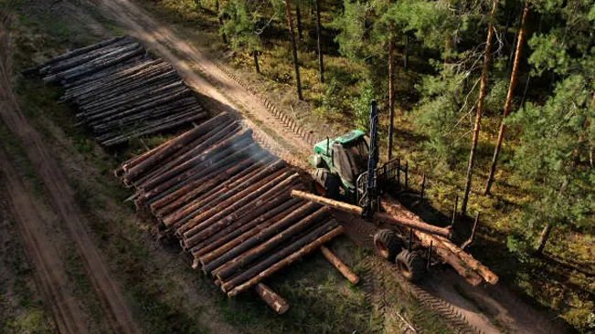 A machine loading timber in a forest, illustrating modern forest harvesting techniques.