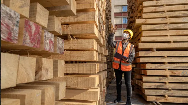 Worker inspecting lumber stacks to maximize timber yield through efficient grading practices.