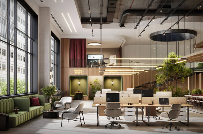 A modern, open-concept office space featuring large windows, natural light, minimalist furniture, and greenery. The design blends wood accents and comfortable seating, promoting productivity and relaxation.