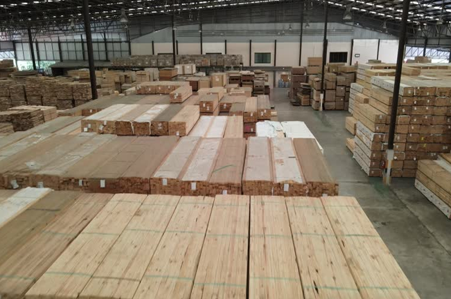 An expansive indoor warehouse filled with neatly stacked piles of processed lumber, organized and ready for distribution, highlighting the scale of wood production and storage.