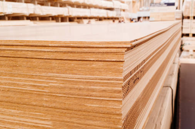 A close-up view of stacked plywood sheets in a warehouse. The visible layers of thin wood veneers showcase the strength and composition of the plywood, ready for construction or woodworking projects.