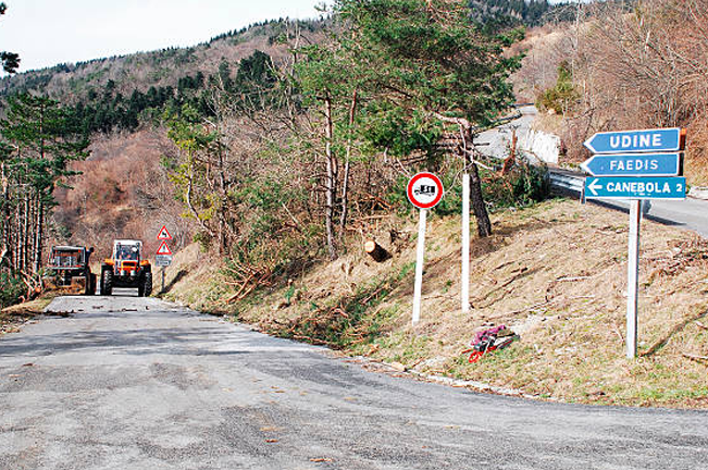 A rural road in a hilly forested area with road signs and tractors in the distance, indicating ongoing maintenance or construction work in a natural setting.