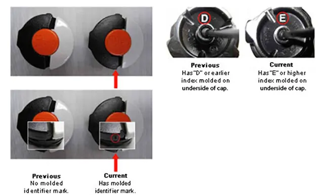 Comparative images showing STIHL tool fuel caps. The top row displays caps with a 'D' or earlier mark, indicating a recall, while the bottom row shows the current design with a molded identifier mark. The 'E' or higher index molded on the underside indicates the cap is not recalled.