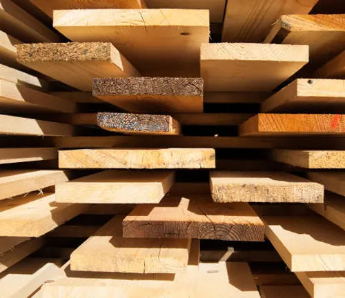 Stacks of hardwood planks air drying with proper spacing for ventilation and even moisture loss.