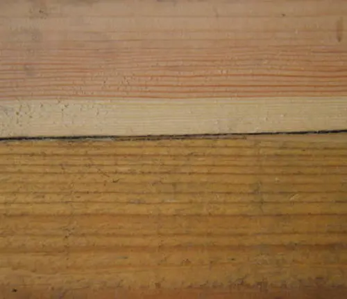 Close-up of wood showing varying moisture content levels through different shades and textures.