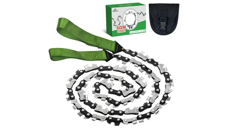 Pocket chainsaw with green handles, black carrying case, and packaging.