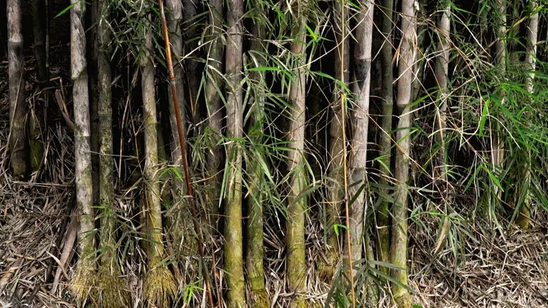 Dense cluster of Monastery Bamboo Trees with tall, smooth stems and green leaves growing from the base.