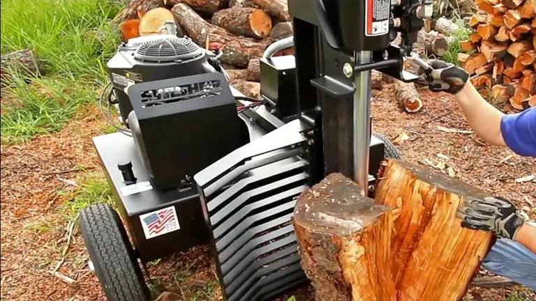 User splitting a large log using the Swisher LS22E electric log splitter in vertical position. The splitter’s heavy-duty frame and hydraulic system are visible, with log cradles holding the wood securely.