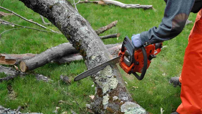 Close-up of a person safely using a chainsaw to cut through a fallen tree branch during storm cleanup.