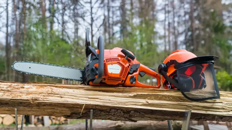 Chainsaw and protective helmet placed on a fallen log, highlighting essential equipment for safe storm cleanup.