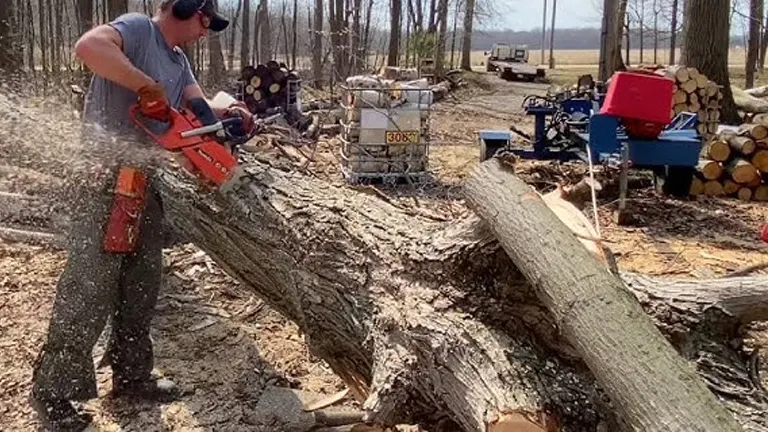 Worker safely using a chainsaw to cut a large fallen tree during storm cleanup, wearing protective gear including ear and eye protection.