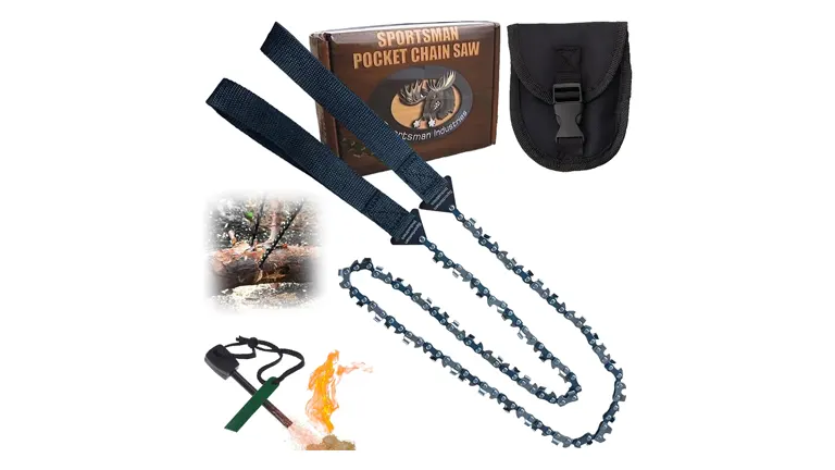 Sportsman pocket chainsaw with black handles, carrying case, and packaging, alongside a fire starter tool.